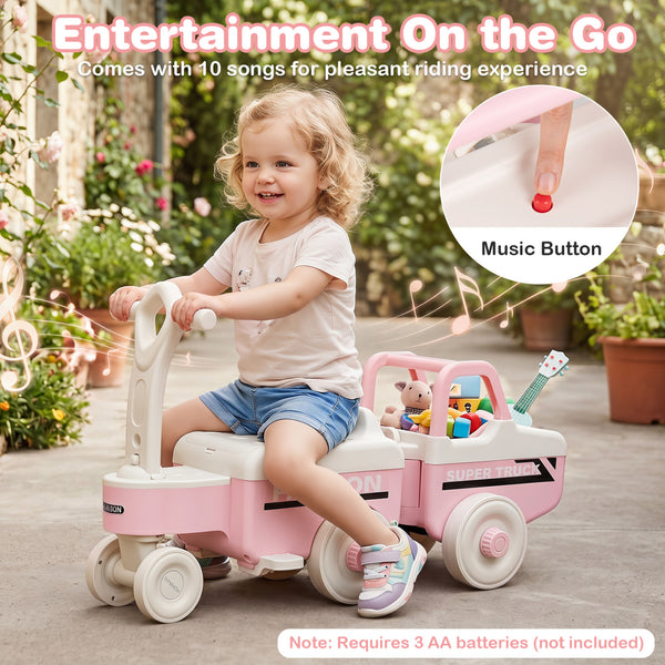 4 in 1 Ride on Push Car with Music and Under-Seat Storage for Boys Girls