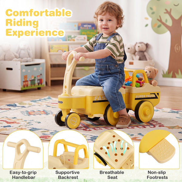 4 in 1 Ride on Push Car with Music and Under-Seat Storage for Boys Girls