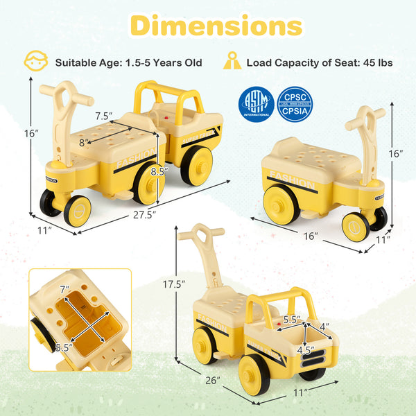4 in 1 Ride on Push Car with Music and Under-Seat Storage for Boys Girls