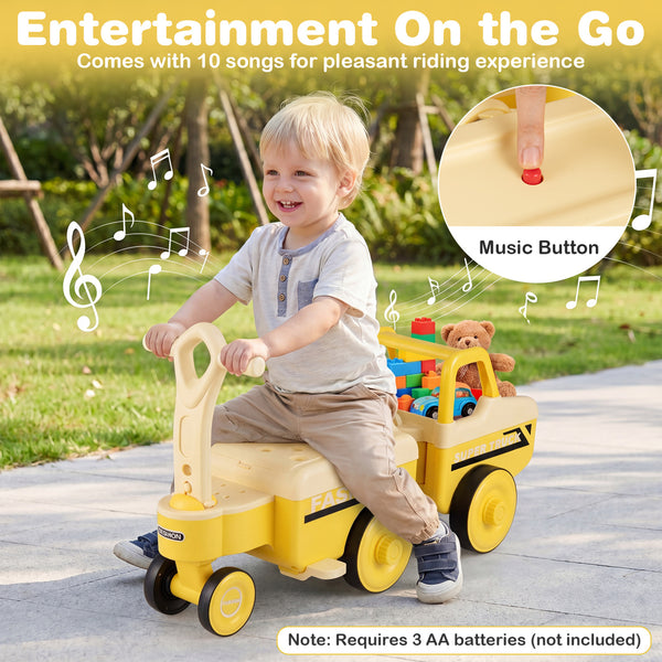4 in 1 Ride on Push Car with Music and Under-Seat Storage for Boys Girls