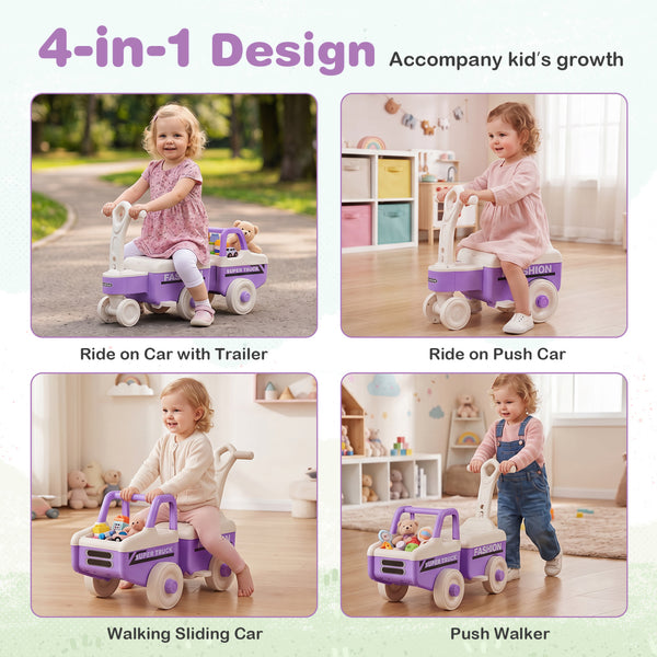 4 in 1 Ride on Push Car with Music and Under-Seat Storage for Boys Girls