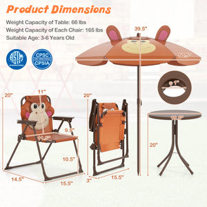 4 Pieces Kids Picnic Set with 2 Folding Chairs and Height Adjustable Umbrella-Brown