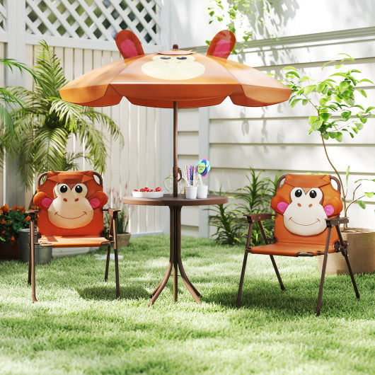 4 Pieces Kids Picnic Set with 2 Folding Chairs and Height Adjustable Umbrella-Brown
