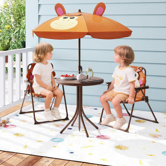 4 Pieces Kids Picnic Set with 2 Folding Chairs and Height Adjustable Umbrella-Brown