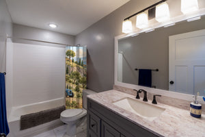 Vehicle Landscape shower curtain pulled open in a gray kids bathroom