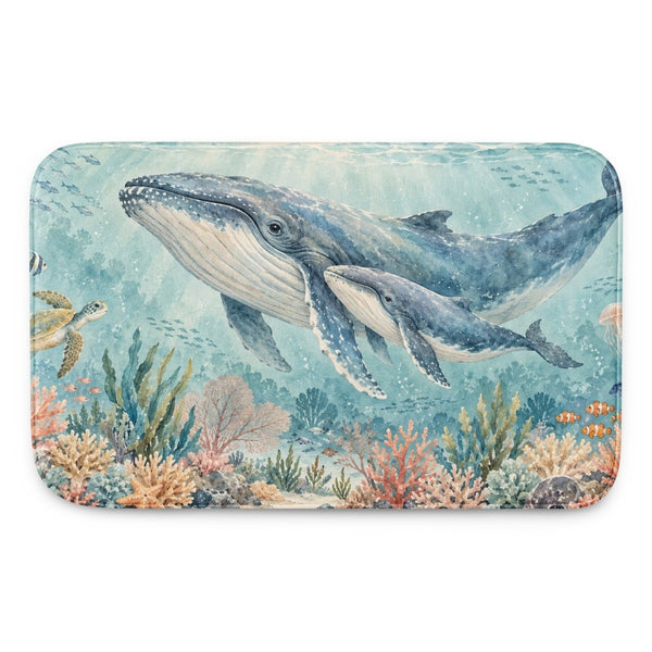 Whale Family Ocean kids bath mat, full view of the printed design