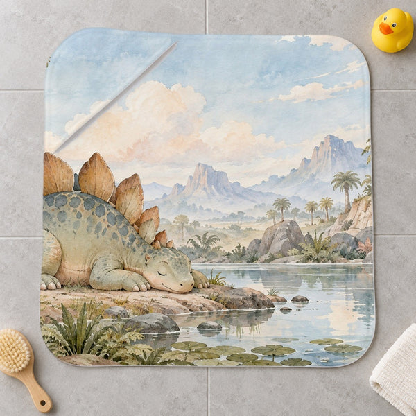 Sleepy Stegosaurus Dinosaur kids hooded bath towel laid flat