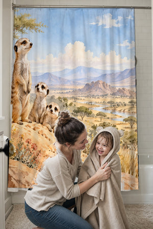 Mom drying her toddler in a hooded towel in front of the Meerkat Family Safari shower curtain