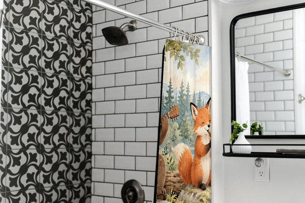 Woodland Band shower curtain in a modern farmhouse bathroom with subway tile