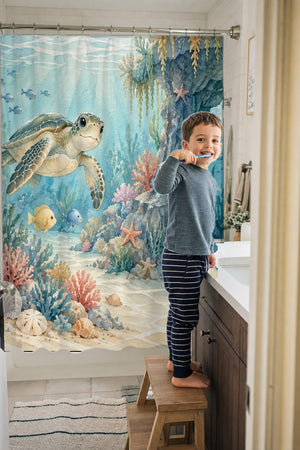 Child brushing teeth in a family bathroom with the Treasure Cove Ocean shower curtain