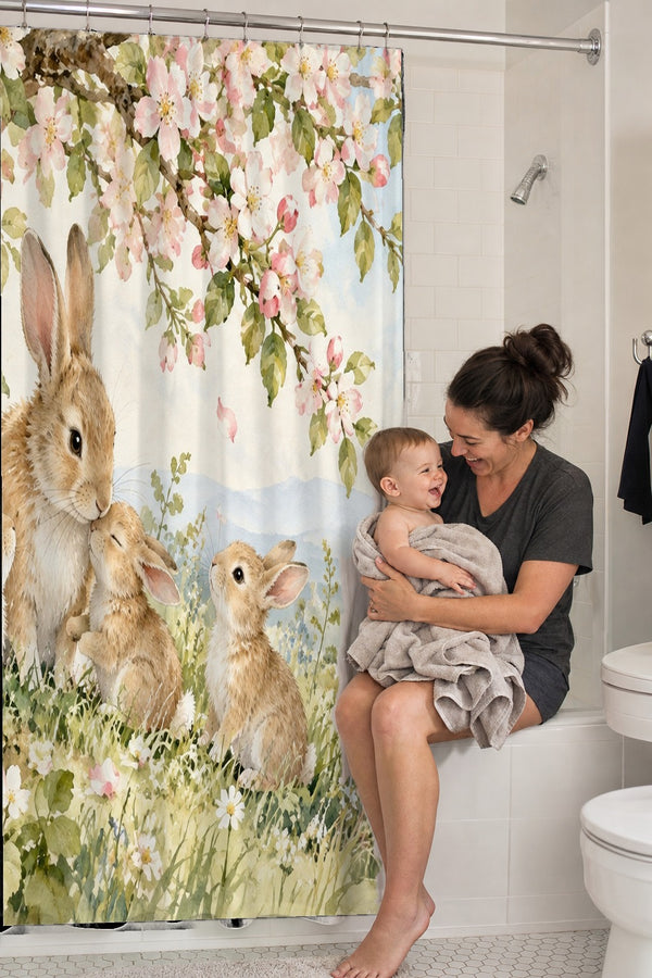 Mom holding her baby on the tub edge next to the Apple Blossom Family Bunny shower curtain