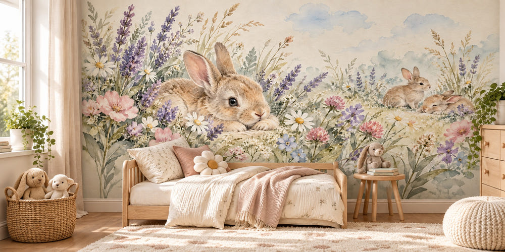 Watercolor Lavender Bunny Wall Mural, image 1