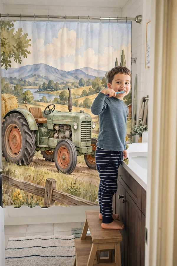 Child brushing teeth in a family bathroom with the Farm Tractor shower curtain