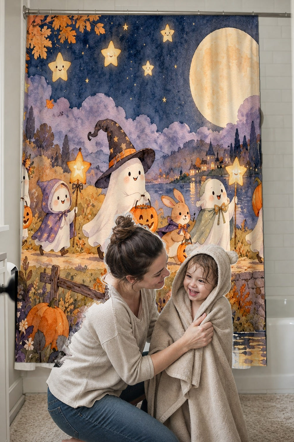 Halloween Parade shower curtain, full front view of the 71 x 74 in fabric curtain