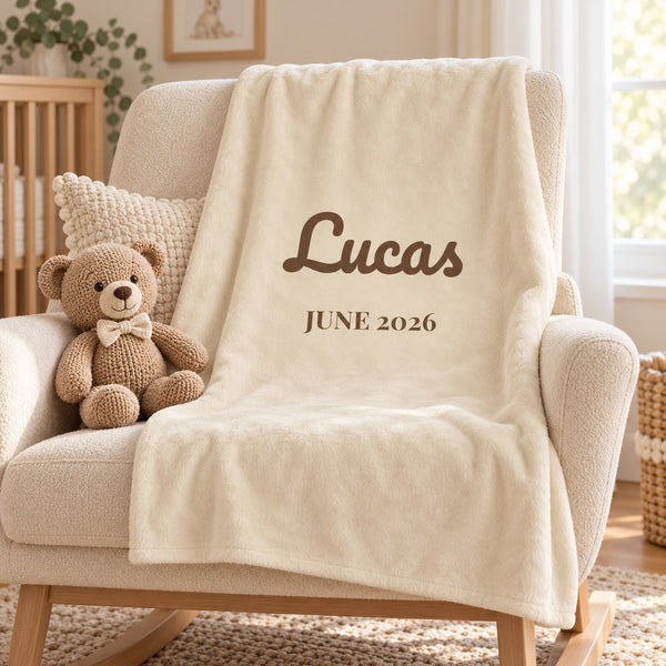 Name and Birth Month minky baby blanket in oat, styled photo 1