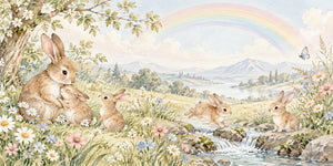 Watercolor Rainbow Meadow Bunny Wall Mural, image 3