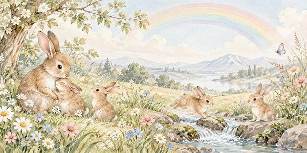 Watercolor Rainbow Meadow Bunny Wall Mural, image 3
