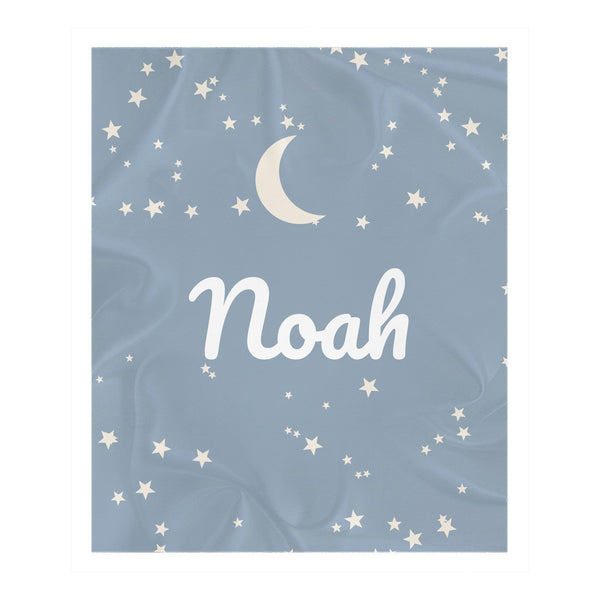 Moon and Stars toddler sherpa blanket in dusty blue