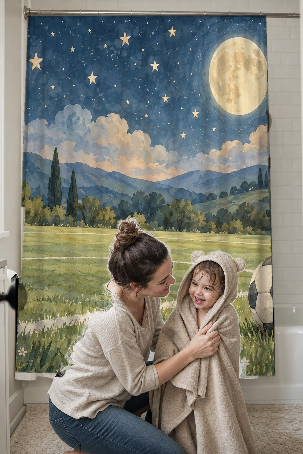 Moonlit Match Soccer shower curtain, full front view of the 71 x 74 in fabric curtain