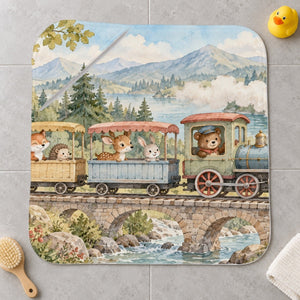 Animal Train kids hooded bath towel laid flat