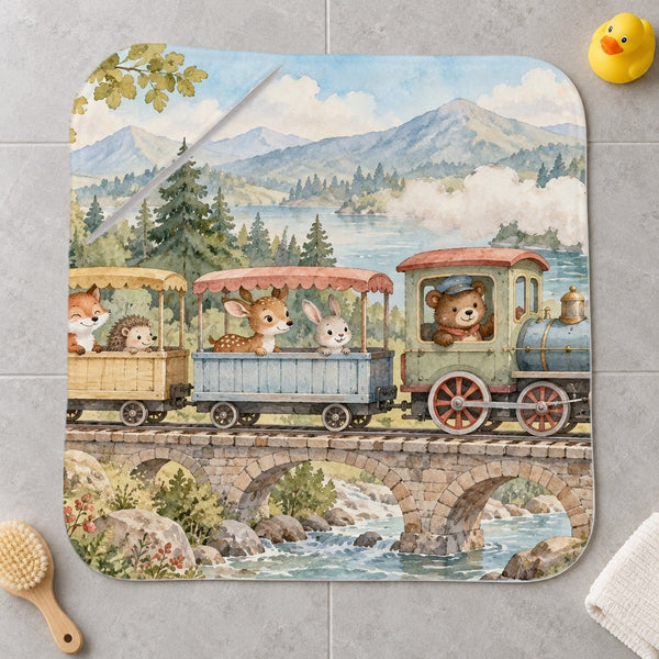 Animal Train kids hooded bath towel laid flat