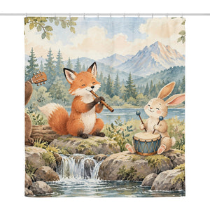Woodland Band shower curtain, full front view of the 71 x 74 in fabric curtain