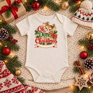 Personalize the Oh Deer, It's Christmas organic cotton baby bodysuit in natural with your baby's name