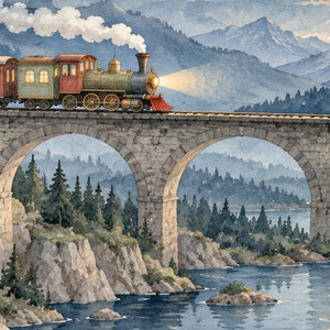 Moonlit Train shower curtain, close up of the watercolor artwork