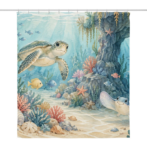 Treasure Cove Ocean shower curtain, full front view of the 71 x 74 in fabric curtain