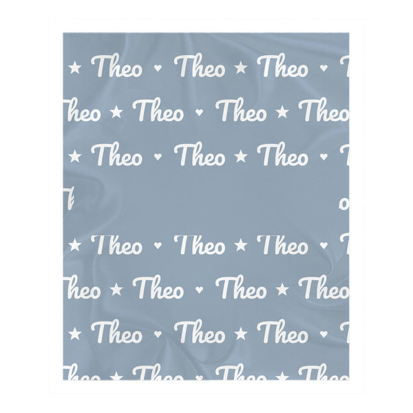 Personalize the Name Pattern toddler sherpa blanket in dusty blue with your baby's name