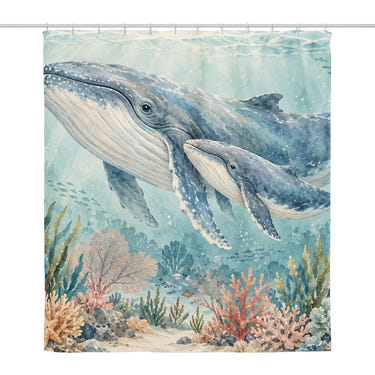 Whale Family Ocean shower curtain, full front view of the 71 x 74 in fabric curtain