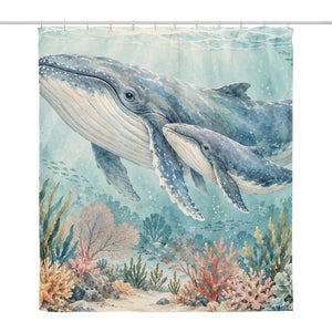 Whale Family Ocean shower curtain, full front view of the 71 x 74 in fabric curtain