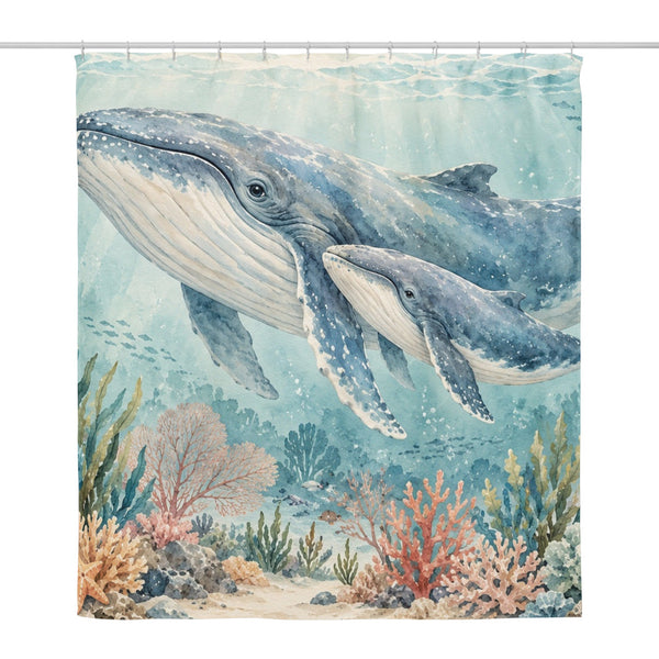 Whale Family Ocean shower curtain, full front view of the 71 x 74 in fabric curtain