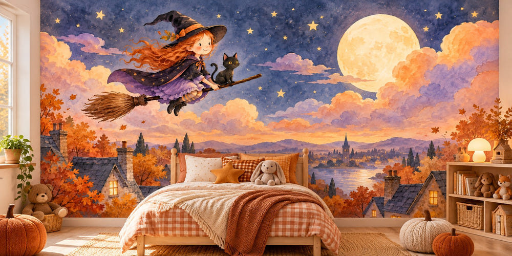 Watercolor Little Witch Halloween Wall Mural, image 1