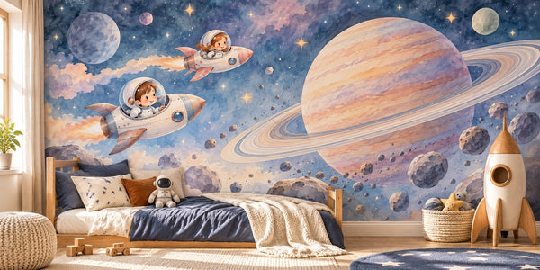 Watercolor Space Explorers Wall Mural, image 2