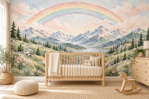 Watercolor Mountain River Rainbow Wall Mural, image 1