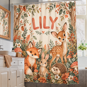 Woodland Friends personalized kids shower curtain over a bathtub