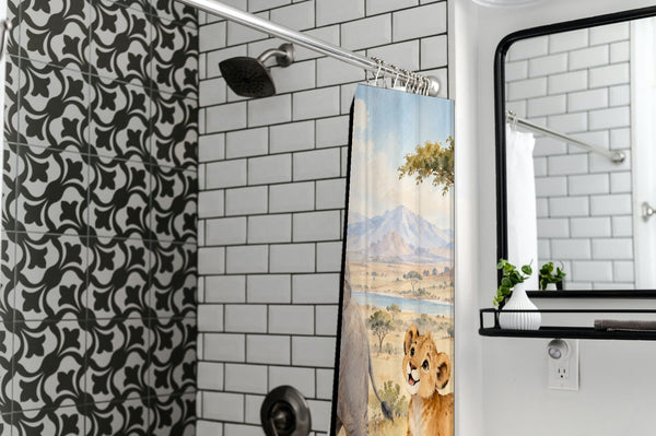 Safari Parade shower curtain in a modern farmhouse bathroom with subway tile