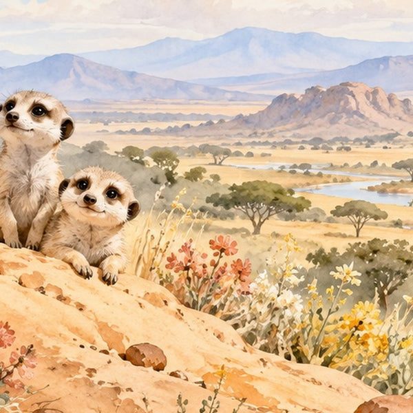 Meerkat Family Safari shower curtain, close up of the watercolor artwork