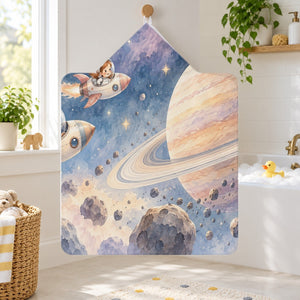 Space Explorers kids hooded bath towel hanging in a kids bathroom