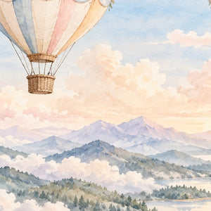 Mountain Hot Air Balloons shower curtain, close up of the watercolor artwork