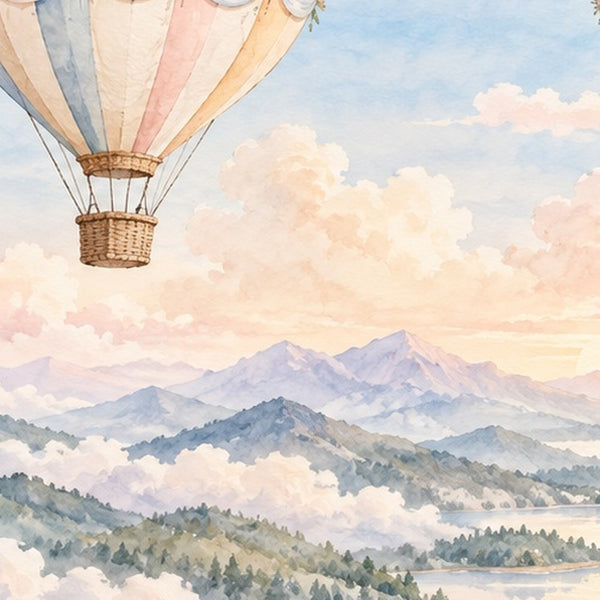 Mountain Hot Air Balloons shower curtain, close up of the watercolor artwork