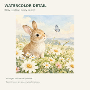 Watercolor Daisy Meadow Bunny Wall Mural, image 4