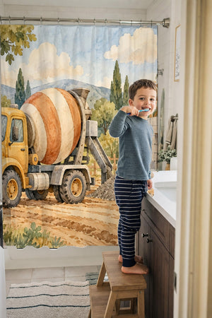 Child brushing teeth in a family bathroom with the Cement Mixer shower curtain