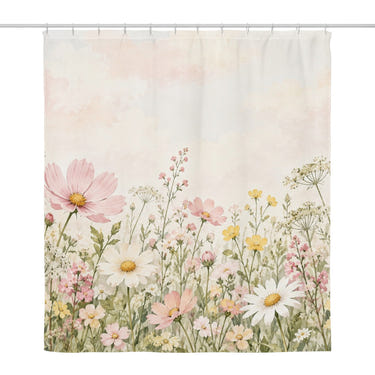 Cosmos and Daisy Meadow shower curtain, full front view of the 71 x 74 in fabric curtain