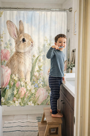 Child brushing teeth in a family bathroom with the Spring Tulips Bunny shower curtain