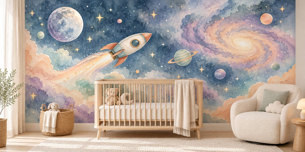 Watercolor Rocket Journey Wall Mural, image 1