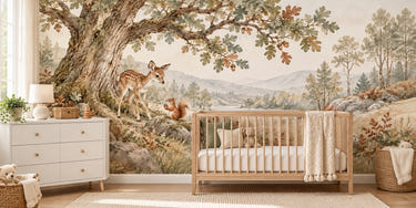 Watercolor Oak Tree Fawn Wall Mural, image 1