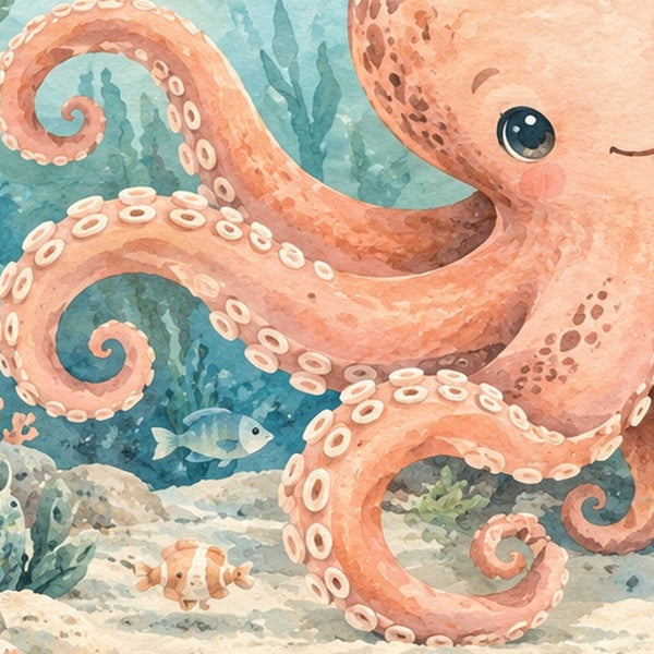 Friendly Octopus Ocean shower curtain, close up of the watercolor artwork
