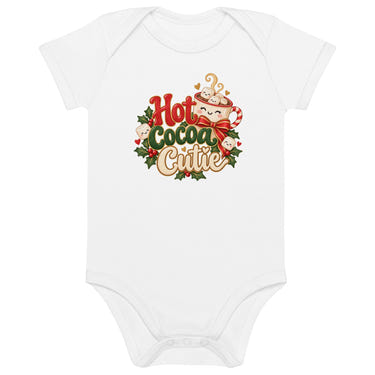 Hot Cocoa Cutie organic cotton baby bodysuit in white, front view
